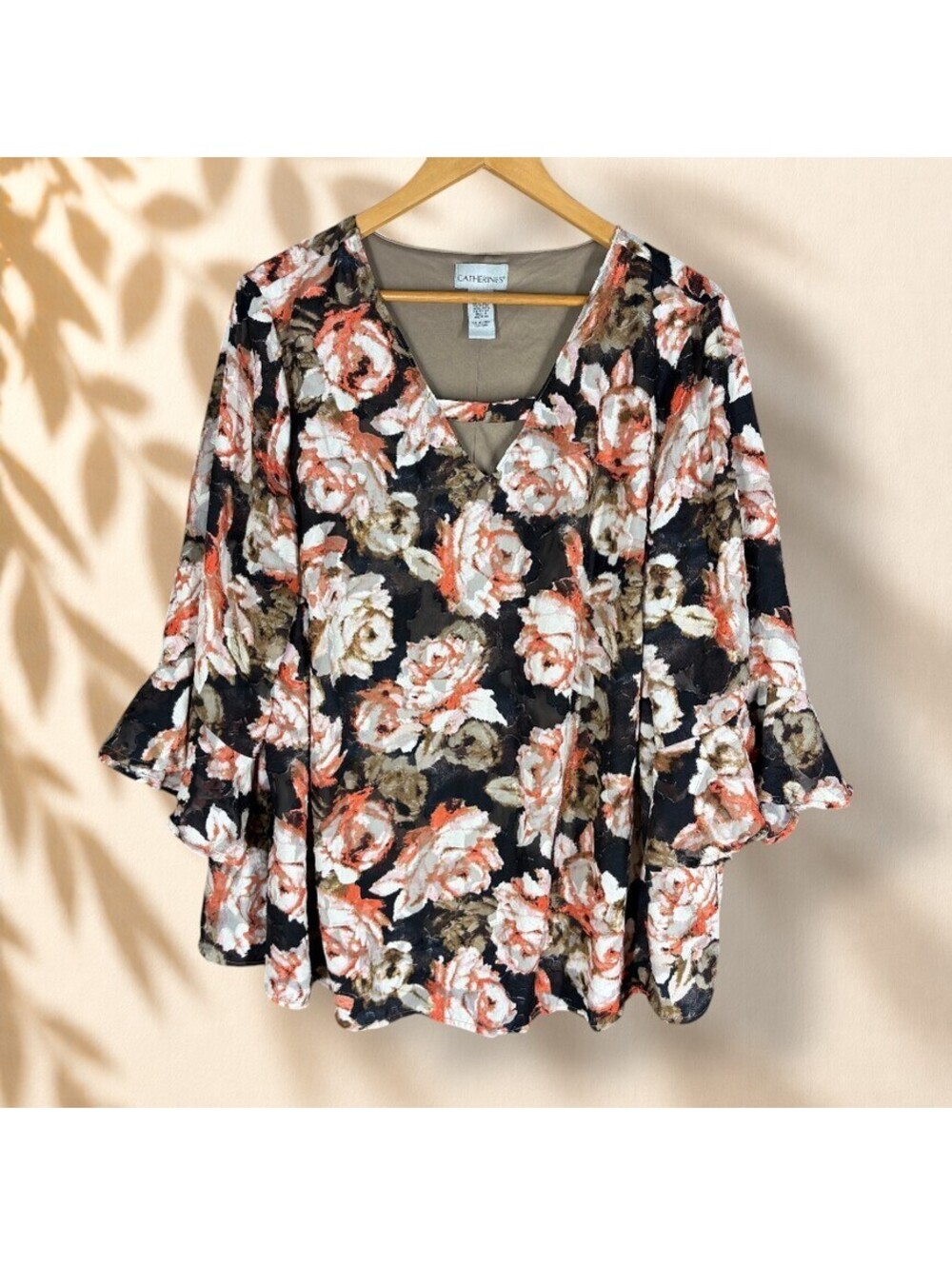 Catherines Blouse Women 1X Plus Black Floral V-Neck 3/4 Sleeve Lined Casual